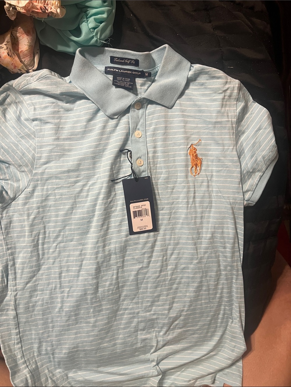 Ralph Lauren  Light Blue & White Striped Polo with Orange Pony, vintage.NWT